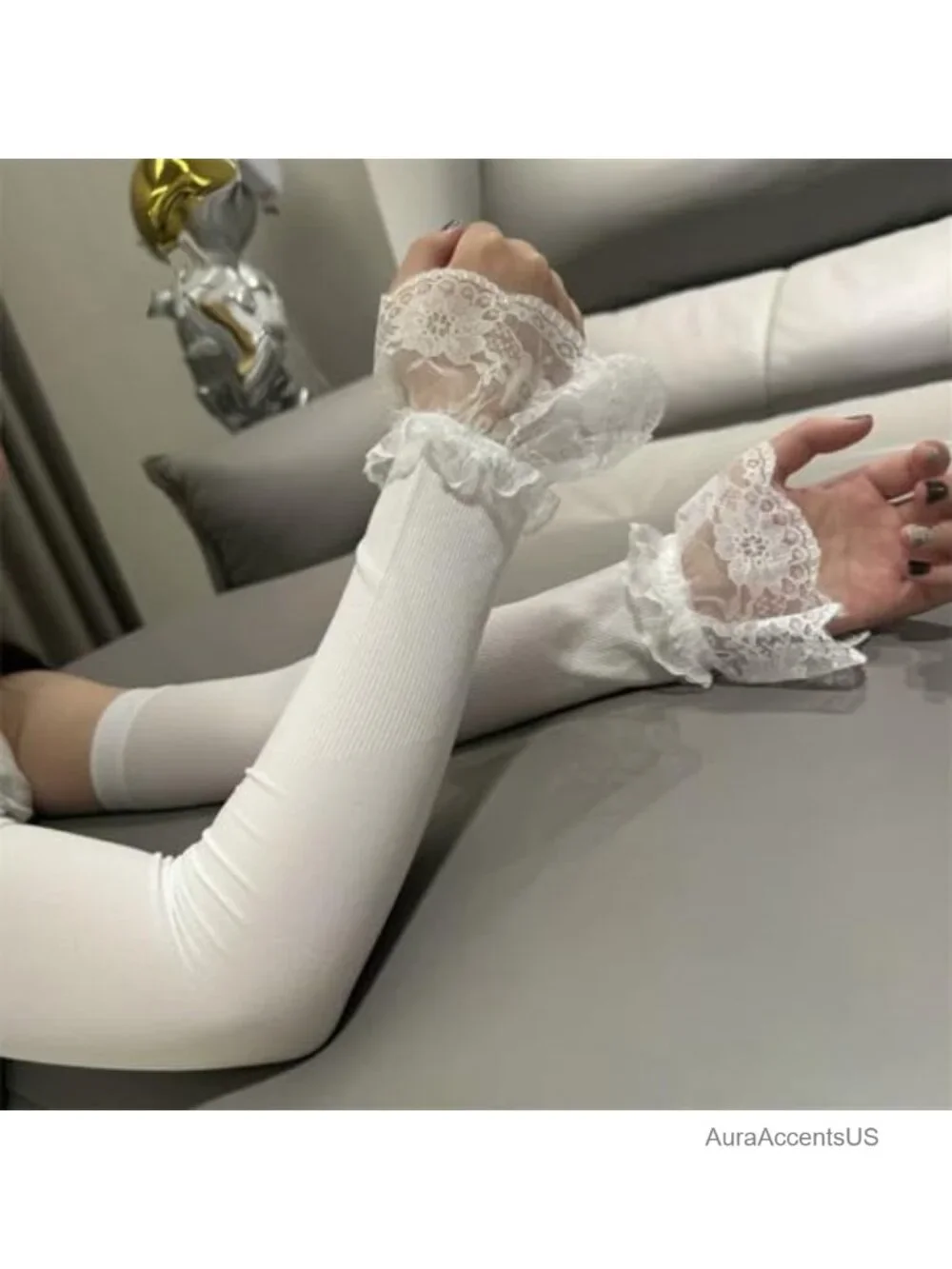 Women's Lace Trim Arm Warmers Over the Elbow Ruffled Fingerless Gloves Goth